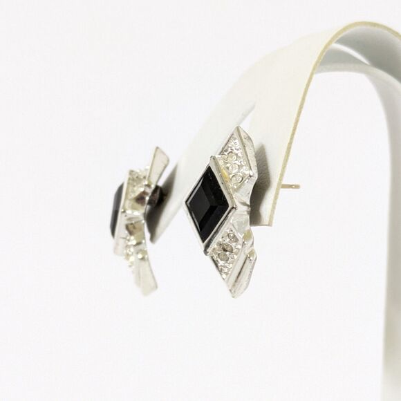 VTG Art Deco Style Black Faux Onyx Clear Rhinestone Silver Tone Pierced Earrings - Picture 4 of 7